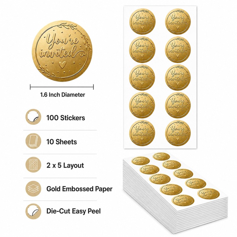 Embossed Invitation Envelope Seal Stickers: 100 Gold Raised Paper Seals