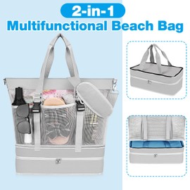 Yotako Beach Bag with Cooler, Mesh Beach Tote Bag with Zipper, 2-in-1 Durable Tote with 10 Pockets, Foldable for Pool Travel Camping Adjustable Crossbody for Women Grey