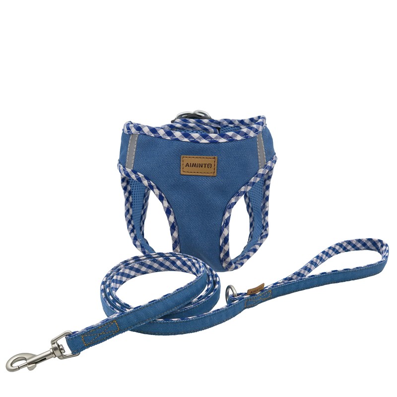 Aiminto Denim Dog Harness & Leash Set, Breathable Mesh, Lightweight,