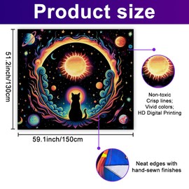 WEBEEDY UV Reactive Cat Black Light Tapestry Glow In The Dark, Moon Star Galaxy Wall Hanging Tapestry Psychedelic Neon Solar Eclipse Backdrop for Bedroom Living Room Party Decor (59"x51"/150x130cm)