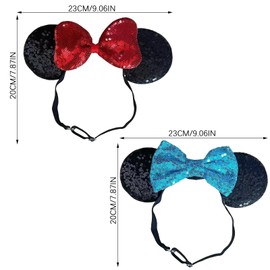 AYNKH 2PCS Glitter Mouse Ears Headbands with Sequin Bow, Elastic Adjustable Sparkly Headwear for Kids Girls Women, Cosplay Costume Party Decoration Birthday Accessories Holiday Gifts Set