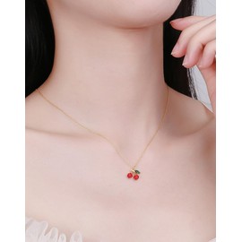 IMINI Cute Red Cherry Pendant Necklace for Women Girls 925 Sterling Silver Cubic Zirconia Paved Crystal Fruit Green Leaf Adjustable Chain Choker Necklaces Exquisite Jewelry for Her with Box (Gold)