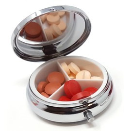 Round Silver Pill Box, Daily Push Button Pill Organizer Case Fits in Purse or Pocket