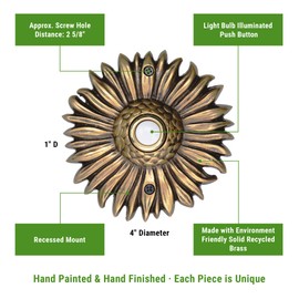 Waterwood Solid Brass Sunflower Doorbell in Antique Finish - Wired & Illuminated Push Button from Environmentally Friendly Recycled Material