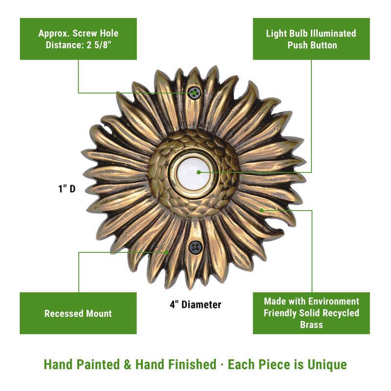 Waterwood Solid Brass Sunflower Doorbell in Antique Finish - Wired