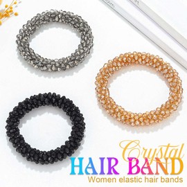 Fashey Rhinestone Hair Ties Black Crystal Elastic Ponytail Holders 3 Pcs Beaded Hair Scrunchies Stretchy Hair Accessories for Women