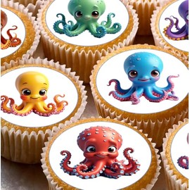 Cute Octopus Pre-cut Wafer Cupcake Toppers, Round Edible Decorations, Assorted Colours, 24-Pack