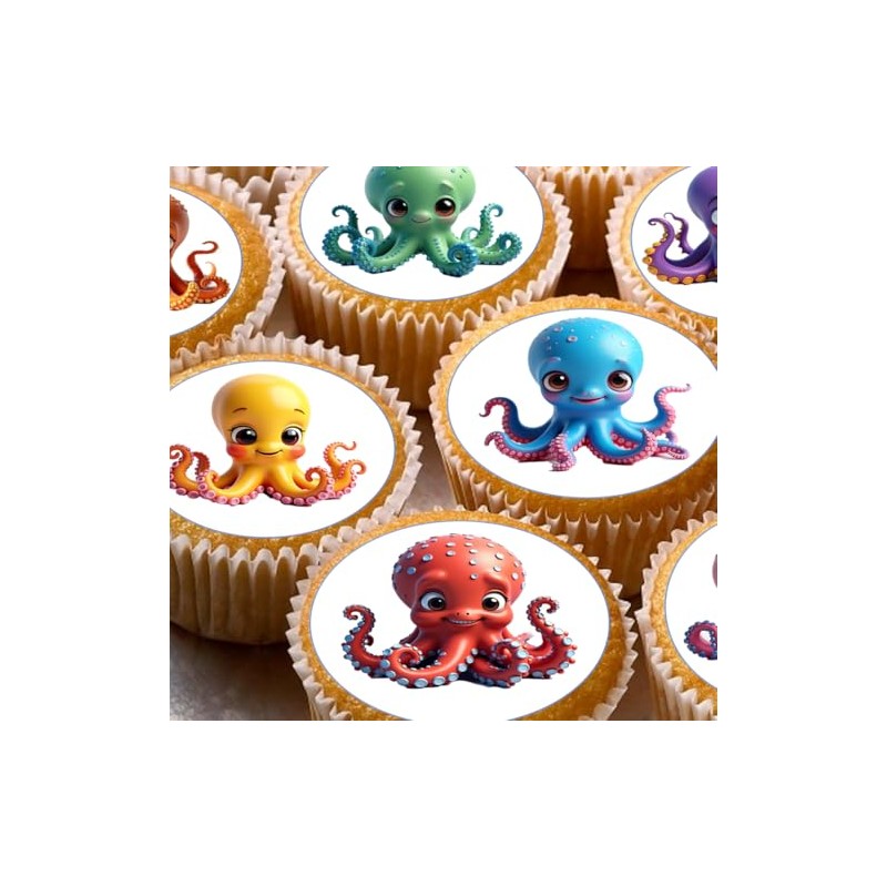 Cute Octopus Pre-cut Wafer Cupcake Toppers, Round Edible Decorations, Assorted