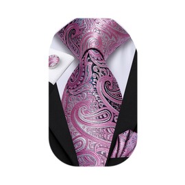 Dubulle Mens Tie Set Solid Paisley Silk Striped Necktie for Men with Cufflinks Tie and Pocket Square,Dark Pink Grey