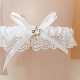 Carufin Wedding Bridal White Lace Garter Belts Bow Rhinestone Leg Sleeve Elastic Leg Ring Prom Dance Cosplay Party for Women and Girls