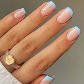 Baby Blue French Tip False Nails - Square Press On Nails Short - French Coffin Fake Nails With Glue - Removable Full Cover Acrylic Stick On nails For Women Daily Wear Nail Art Gifts Accessories