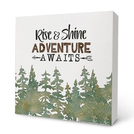 Knibeo Woodland Nursery Decor, Rise and Shine Adventure Awaits Wood Box Sign, Boy Nursery Decor, Country Decor for Bedroom, Rustic Cabin Decor 5x5