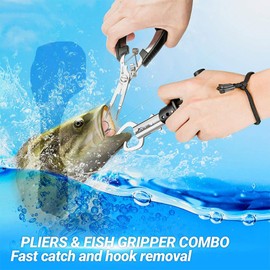 TopHomer Fishing Pliers and Fish Lip Gripper Set, Saltwater Resistant Fishing Tools, Fishing Gear with Rubber Handle, Adjustable Lanyard with Sheath, Ice Fishing Gift Men-A