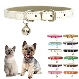 White XS Dog Collar with Bell,Soft Pu Leather Female Puppy Collar with Bells Basic Girls Cat Collar with Bells for XXS XSmall Small Medium Pet Cats Kitten Tiny Animal Yorkie Chihuahua,X-Small