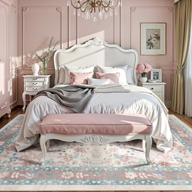 Deerly Pink Floral Area Rug 6x9 for Living Room Deerly Boho Vintage Large Washable Non-Slip Bedroom Carpet Low Pile Thin Floor Mat Indoor for Playroom Nursery Kids Girls Room Farmhouse, Light Pink/Blue/Multi