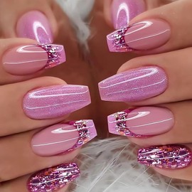 IMSOHOT Medium Press on Nails French Coffin Fake Nails Purple Glitter Full Cover Ballerina False Nails Glossy Acrylic Glue on Nails for Women 24pcs