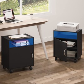 FITUEYES Set of 2 Printer Stands with Blue LED Lights Strips, Mobile Wood Printer Tables Work Carts on Wheels with Adjustable Storage Shelves for Home Office, Black