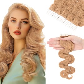Hairro Tape in Hair Extensions 100% Real Hair, 14 Inch 40g 20pcs/pack Thin Body Wave Silky Seamless Skin Weft Glue in Wavy Human Hairpieces, Medium Blonde