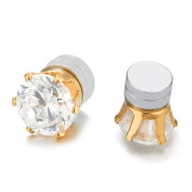 Mens Womens Magnetic Cubic Zirconia Stud Earrings, Gold Steel, Non-Piercing Clip On Cheater Fake Ear