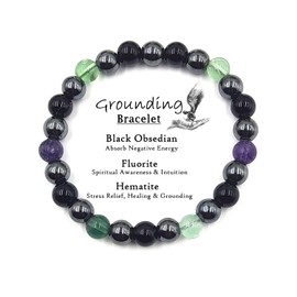 PRECIOUS PEBBLE Grounding Beaded Bracelet – Black Obsidian, Hematite & Fluorite for Grounding, Protection & Energy Balance for Men & Women, Adjustable Size, One Size, Crystal, semi precious stone