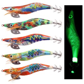 Luminous Squid Jig Shrimp Lures for Sea Fishing, 5/10pcs Squid Jig Saltwater Fishing Lures Hard Shrimp Lure Glow Bait Artificial Lure for Octopus Cuttlefish (Size 3.0#-5pcs)