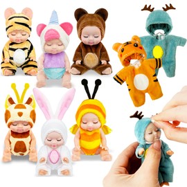 Haawooky 6 Pcs 4 Inch Mini Baby Dolls,Cute Small Baby Doll Toys with 8 Pcs Animal Clothes,Lifelike Realistic Reborn Tiny Baby Dolls for Kids Baby Shower Easter Basket Birthday Gifts
