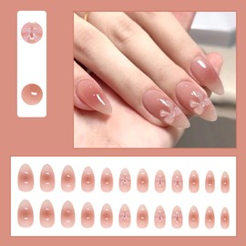 24 Pcs Winter Press on Nails Short Almond - YEFIUO Pink Ombre Nail Tips Acrylic Nail Kit Fake Nails Press ons French Tip Glue on Nails Short Nail Art 3D Bow-Knot Full Cover Glossy False Nail for Women