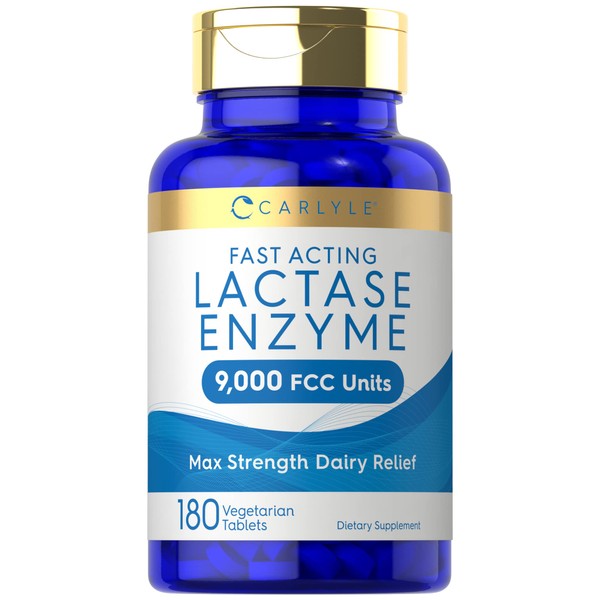Carlyle Fast Acting Lactase Enzyme Pills | 9000 FCC | 180 Tablets | Dairy Relief Supplement | Max Strength Support | Non-GMO, Gluten Free Supplement