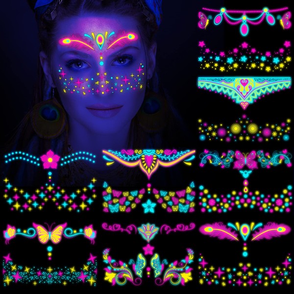 HOWAF 8 Tattoo Face Neon Party Temporary Tattoos, Neon Tattoos Black Light Make-Up UV Tattoo Sticker Face Tattoo Face Jewellery Neon Accessories for Women Men Black Light Party