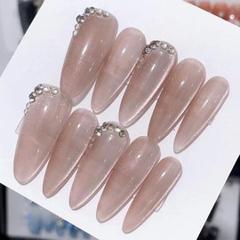 WOMHOPE Press on Nails Handmade Full Cover False Nails with Rhinestone Vintage Flower Aurora Acrylic Nails for Women and Girls 10pcs/Box Long Almond,Coffin (Nude cat's eye, Medium)