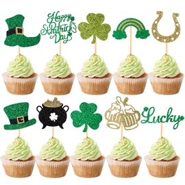60 Pcs St.Patrick's Day Cupcake Toppers,Glitter Lucky Three Leaf Shamrock Cupcake Picks Hat Horseshoe Cupcake Decorations for Irish St Patrick's Day Party Favor Supplies