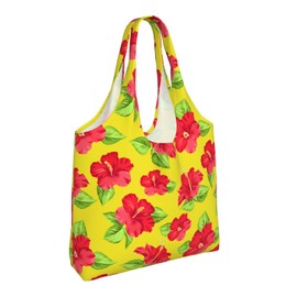 WOAIDY Hibiscus Flower Reusable Grocery Bags, 50lbs Foldable Durable Shopping Totes With Handles Large Washable Bags