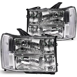 PIT66 Headlight Assembly, Compatible with 2007-2013 GMC Sierra 1500 2500HD 3500HD Driver & Passenger Side Pickup Truck Replacement Headlamp Clear Lens Chrome Housing Clear Reflector