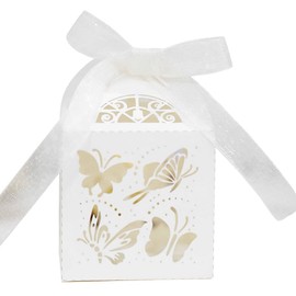50 Pack Butterfly Favor Boxes Candy Gift Boxes with Ribbons Wedding Party Favor Candy Boxes Birthday Party Baptism Party Favor Box for Bridal Shower Anniverary Wedding Favor Decoration, Beige