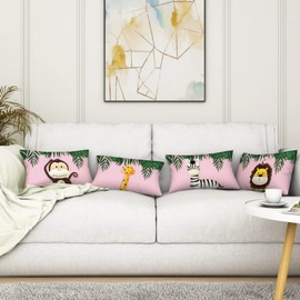 Aoihrraan 12 x 20 Inch Cute Cartoon Animal Cushion Covers Forest Monkey Giraffe Floral Plant Soft Short Plush Square Light Pink Throw Pillow Covers Kids Sofa Baby Children Bedroom, 30x50cm Set of 4