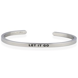 Dolceoro LET IT GO - Inspirational Mantra Cuff Bracelet Jewelry, 3mm Wide Shiny 316L Surgical Stainless Steel