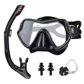Snorkel Mask Set, Anti-Fog Freediving Mask & Dry Snorkel, Free Breathing Anti-Leak Dry Top Snorkel, Professional Snorkeling Gear for Adults Swimming Snorkeling Diving Sea (Pure Black)