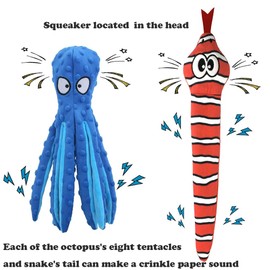 Squeaky Dog Toys for Small, Medium, and Large Pets, Cute Interactive Plush Dog Chew Toys, Blue Octopus and Red Snake, 2 Pack