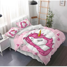 Leleyouzer Unicorn Bed Linen for Girls Children, Soft and Comfortable Microfibre Bed Linen, Cute Unicorn Duvet Cover with Zip + 2 Pillowcases 50 x 75 cm (E1, 135 x 200 cm)