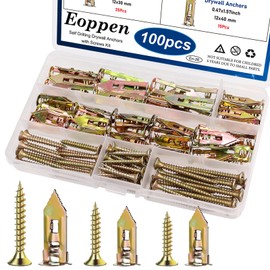 Eoppen 100Pcs Self Drilling Drywall Anchors with Screws Kit, 2 Sizes Sheetrock Anchors & 3 Sizes Expansion Screws, Zinc Plated Steel Drywall Anchors No Drilling Required Holds Up to 66lbs