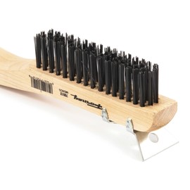 Forney 70512 Wire Scratch Brush, Carbon Steel with Wood Shoe Handle and Metal Scraper, 10-1/4-Inch-by-.014-Inch
