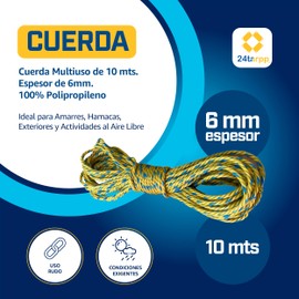 24tarpp Cuerda 6MM Amarilla SOGA para Amarre Multiusos Lazo para TENSAR MALLASOMBRA Y Lonas SOGA DE Uso RUDO Amarilla 6MM 10 MTS