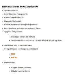 Protoboards MB-102 en 170, 400, 830 y 2700 Puntos – Blancas o Transparentes para Desarrollo y Pruebas Electrónicas (400 Puntos Transparente)