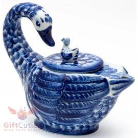 Handmade Porcelain Gzhel Swan bird teapot coffee server handmade in Russia 450Ml Гжель