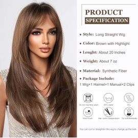 Esmee Long Straight Brown with Highlight Wig with Fringes Natural Synthetic Hair Daily Party Wigs for Women