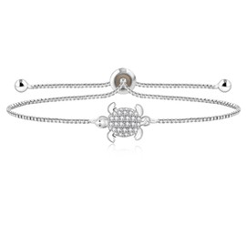 Platinum Plated Cubic Zirconia Turtle Adjustable Bracelets - Sea Element Slider Box Chain Bracelet for Women SJA4597