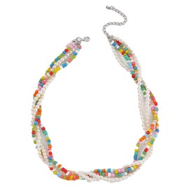 Jumwrit Boho Layered Pearl Choker Necklace Vintage Multi Strand Pearl Necklace Italian Gold Bead Chain Necklace Colourful Pearl Beaded Necklace for Women