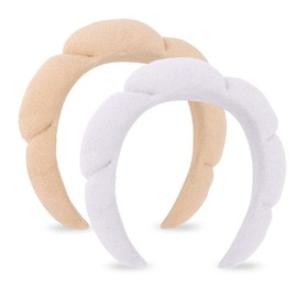 CAVETEE Spa Headband for Face Washing - Terry Cloth Puffy Makeup Headband Set of 2 (Beige & White, one size)
