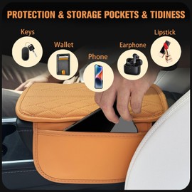 PETMGCOO Upgraded Car Center Console Cover Microfiber Leather Armrest Cover Cushion with 2 Storage Bags&Universal Car Armrest Storage Box Universal Car Interior Accessory (2 Pockets, Orange)