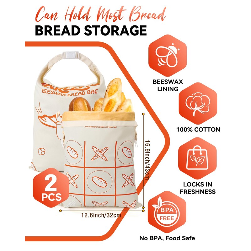 Beeswax Bread Bags Reusable for Homemade Sourdough - Large Cotton